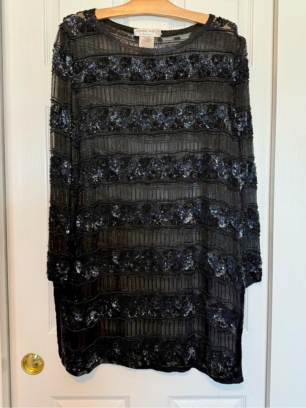 Adrianna Papell Black Sequin Beaded Dress 100%silk
